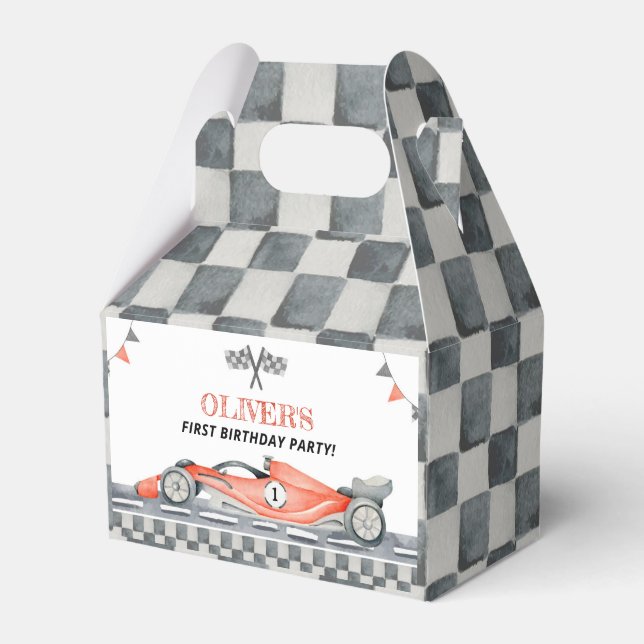 Fast One Red Racing Car Birthday Party Favor Box (Front Side)