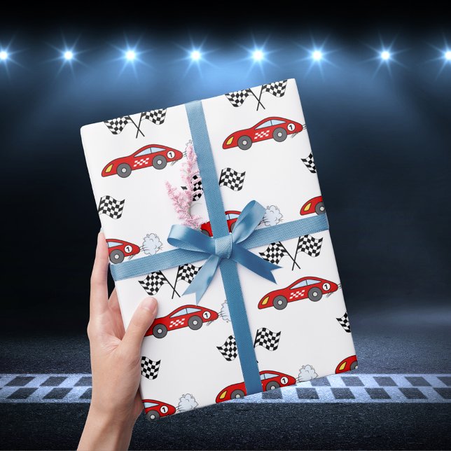 Fast one red retro race car checkered flags racing wrapping paper (Creator Uploaded)