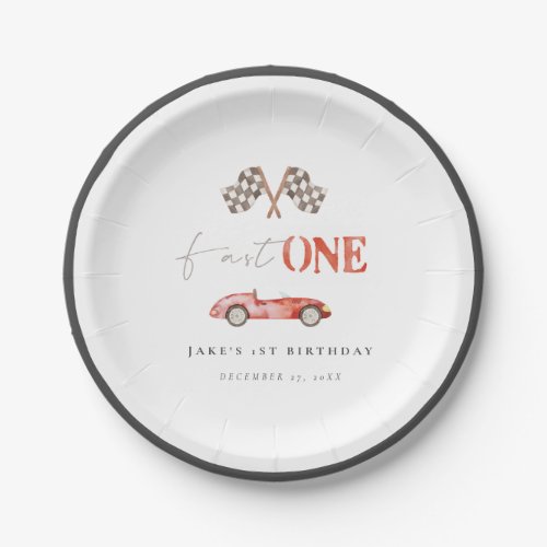 Fast ONE Red Retro Race Car Paper Plates
