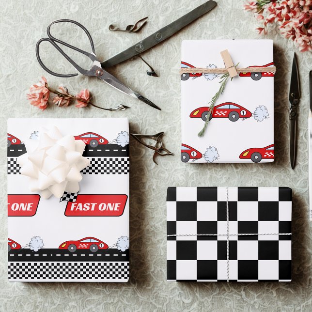 Fast one red retro race car racing theme birthday  wrapping paper sheets (Creator Uploaded)