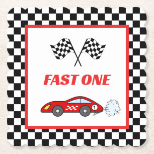 Fast one red retro race car theme boy's birthday paper coaster