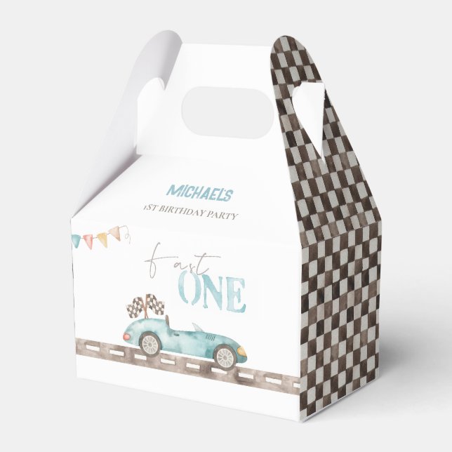 Fast ONE Retro Race Car Birthday Favor Box (Front Side)