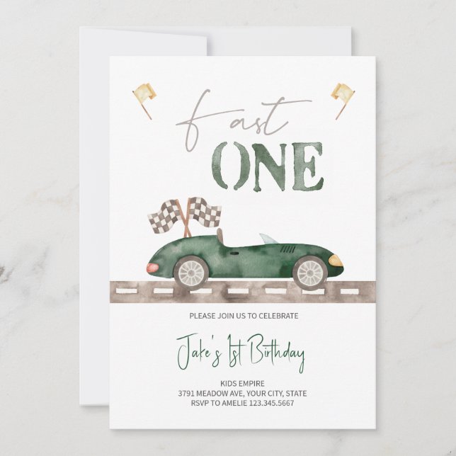 Fast ONE Retro Race Car Birthday Invitation  (Front)