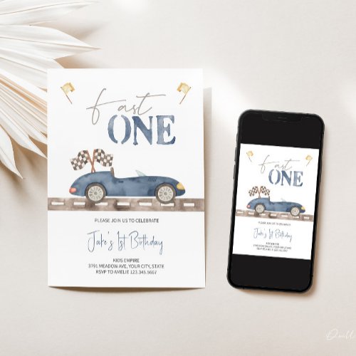 Fast ONE Retro Race Car Birthday Invitation 