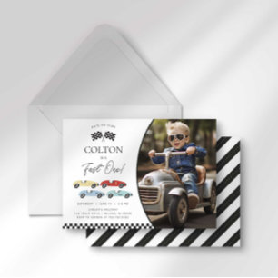 Fast One Retro Race Car Boy Photo Birthday Invitation