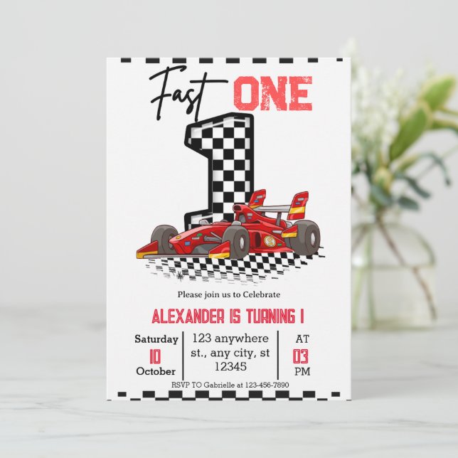  Fast One Speed Red Race 1st Birthday Boy Invitation (Standing Front)
