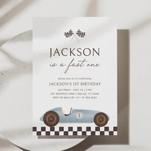 Fast One Vintage Race Car Boy 1st Birthday Invitation