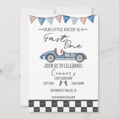 Fast One Vintage Race Car First Birthday Invite