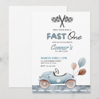 Fast One Watercolor Car and Baloons First Birthday Invitation