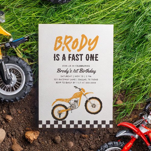 Fast One Yellow Dirt Bike Boy 1st Birthday Invitation