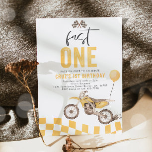 Fast One Yellow Dirt Bike Boy 1st Birthday Party Invitation