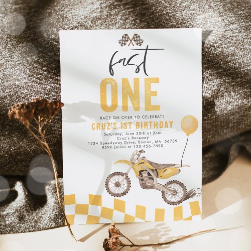 Fast One Yellow Dirt Bike Boy 1st Birthday Party  Invitation