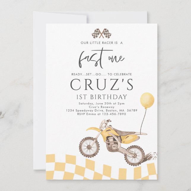 Fast One Yellow Dirt Bike Boy 1st Birthday Party  Invitation (Front)