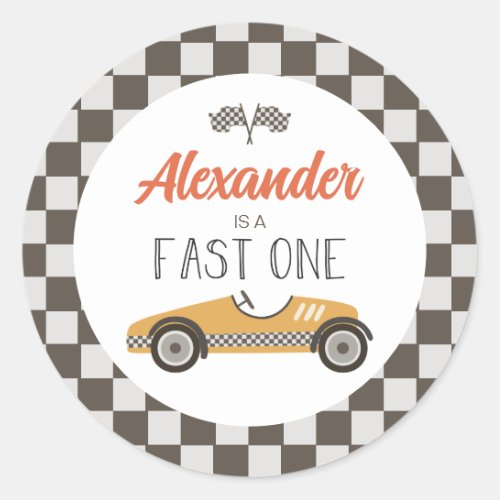 Fast One yellow Race Car Birthday Classic Round Sticker