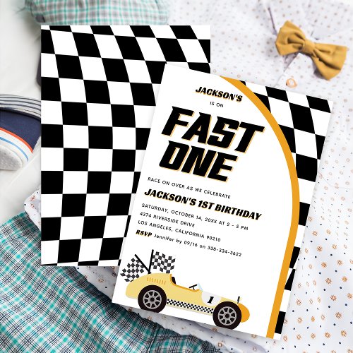 Fast One Yellow Race Car Birthday Party Invitation