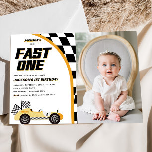 Fast One Yellow Race Car Birthday Party Invitation