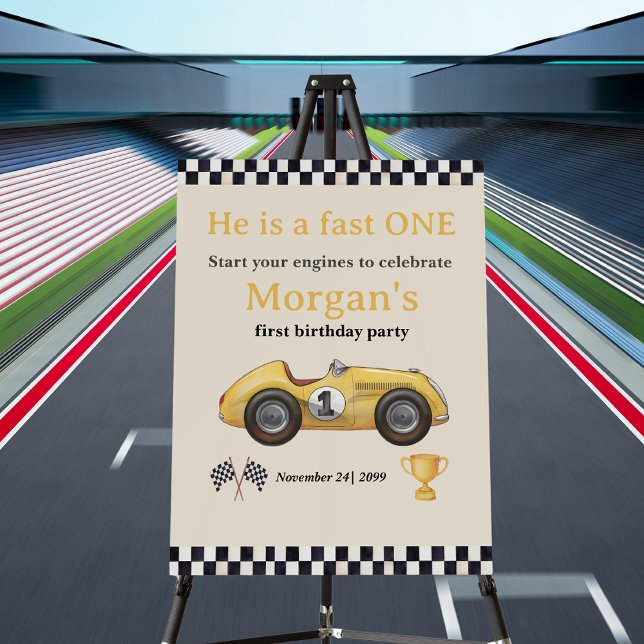 Fast One Yellow Race Car Kids First Birthday Party Foam Board (Creator Uploaded)