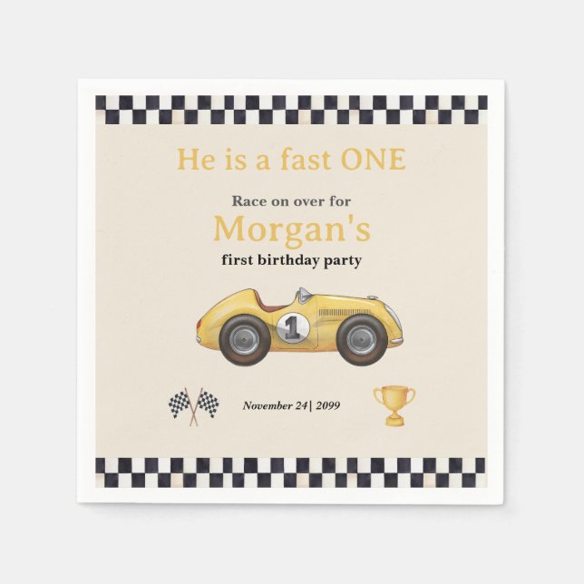 Fast One Yellow Race Car Kids First Birthday Party Napkins (Front)