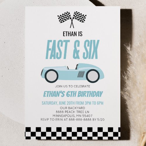 Fast  Six Blue Race Car 6th Birthday Party Invitation
