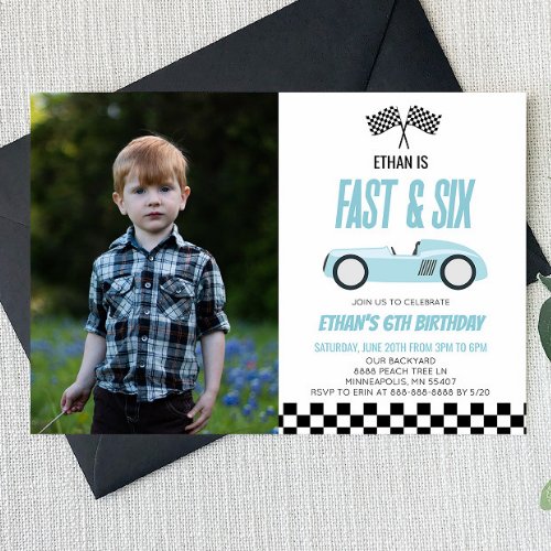 Fast  Six Blue Race Car 6th Birthday Party Invitation