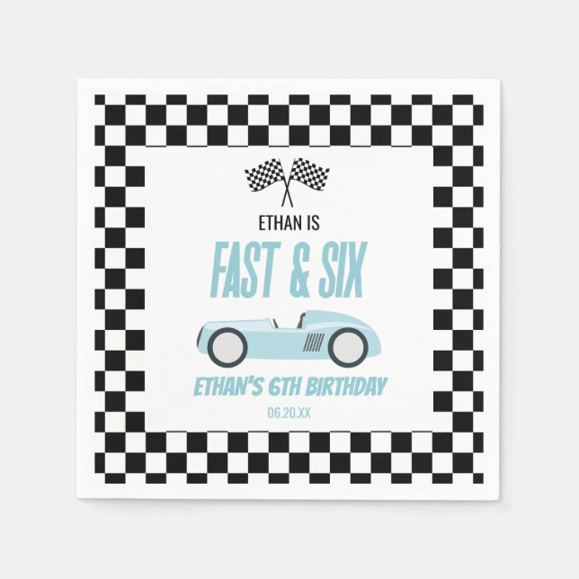 Fast & Six Blue Race Car 6th Birthday Party Napkins (Front)