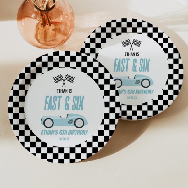 Fast & Six Blue Race Car 6th Birthday Party Paper Plates (Creator Uploaded)