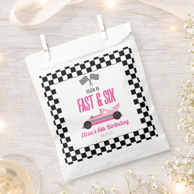 Fast & Six Pink Race Car 6th Birthday Party Favor Bag (Clipped)