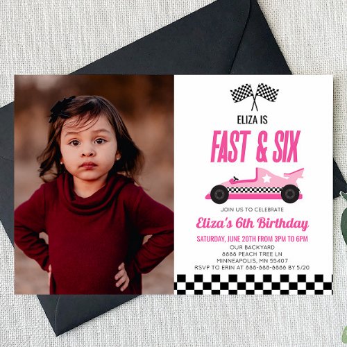 Fast  Six Pink Race Car 6th Birthday Party Invitation