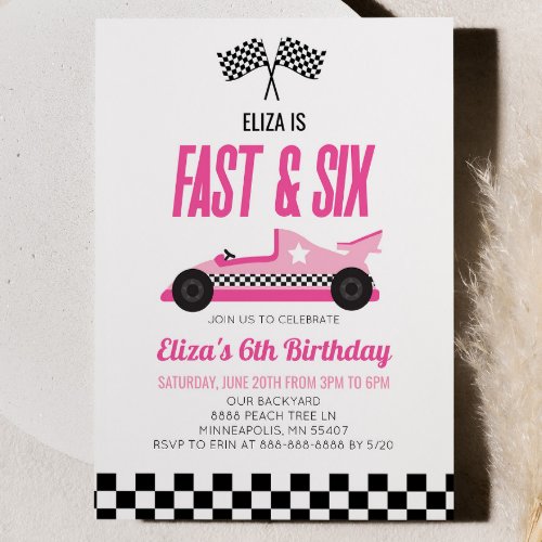 Fast  Six Pink Race Car 6th Birthday Party Invitation