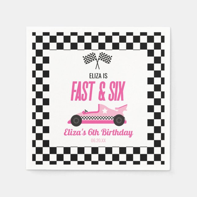 Fast & Six Pink Race Car 6th Birthday Party Napkins (Front)