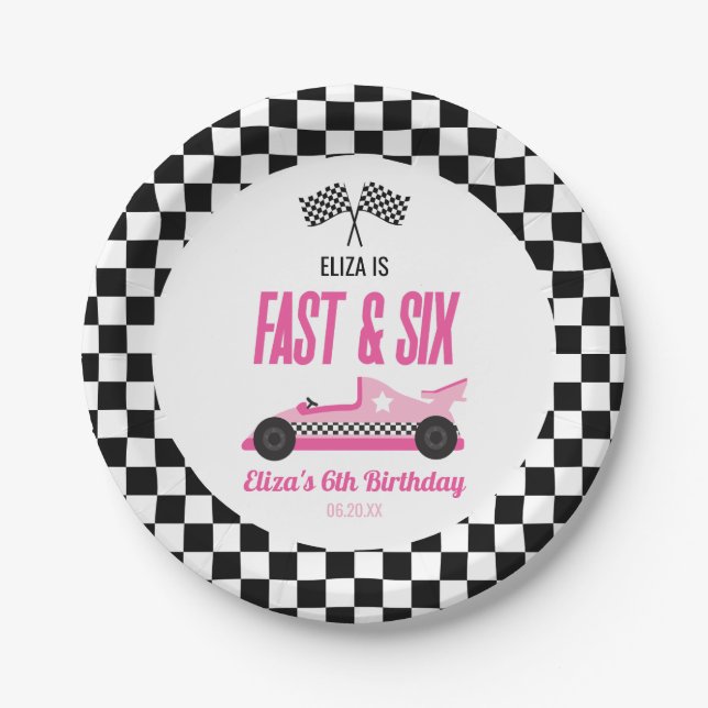 Fast & Six Pink Race Car 6th Birthday Party Paper Plates (Front)