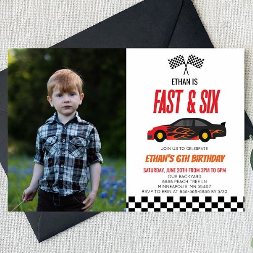 Fast  Six Red Flame Race Car 6th Birthday Party Invitation