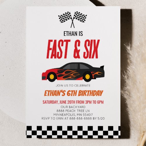 Fast  Six Red Flame Race Car 6th Birthday Party Invitation