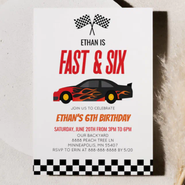 Fast & Six Red Flame Race Car 6th Birthday Party Invitation | Zazzle