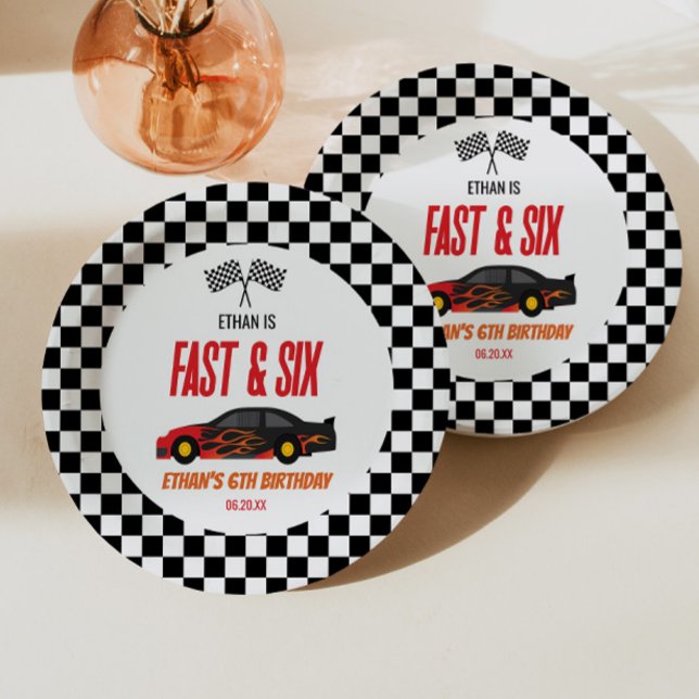 Fast & Six Red Flame Race Car 6th Birthday Party Paper Plates (Creator Uploaded)
