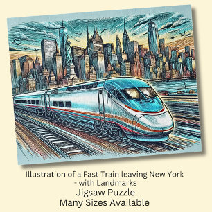 Fast Train Leaving New Yok + Landmarks Drawing Jigsaw Puzzle