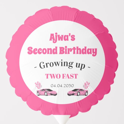 Fast Two Pink Race Car Girl 2nd Birthday  Balloon