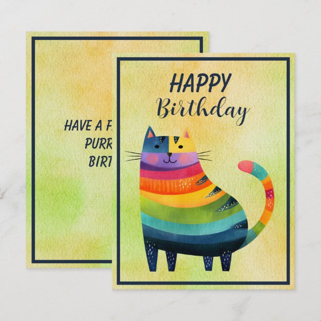Fat Abstract Cat Happy Birthday Flat Note Card (Front/Back)