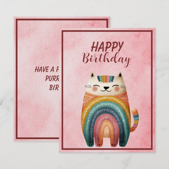Fat Abstract Cat Happy Birthday Flat Note Card (Front/Back)