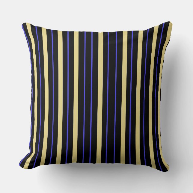 Fat and Skinny Stripes Ultramarine, Yellow, Black Throw Pillow (Front)