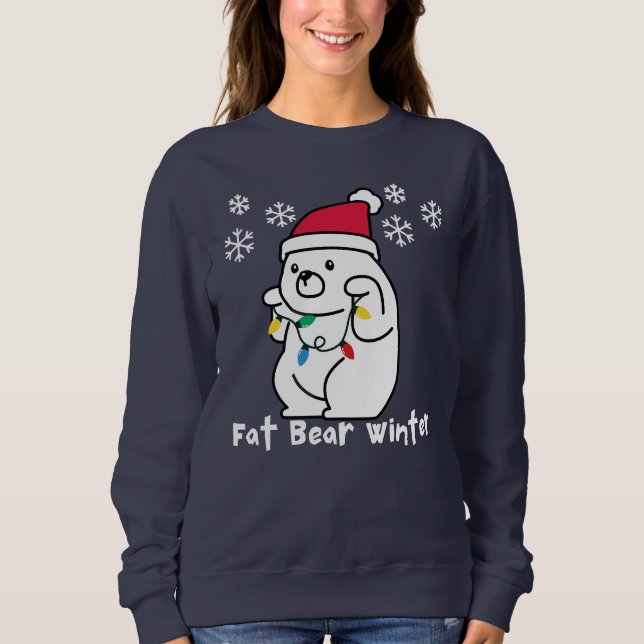 Fat Bear Winter, White Bear Santa Hat,Xmas Lights Sweatshirt (Front)