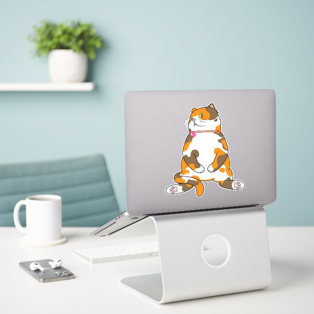Fat Calico Cat Is Staring Sticker (Laptop On Desk)