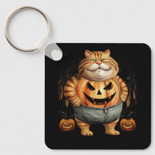 Fat Cat Black Cat Halloween Pumpkin Jack O Lantern Keychain