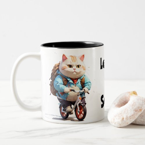 Fat Cat coffee cup rides his bike to school super 