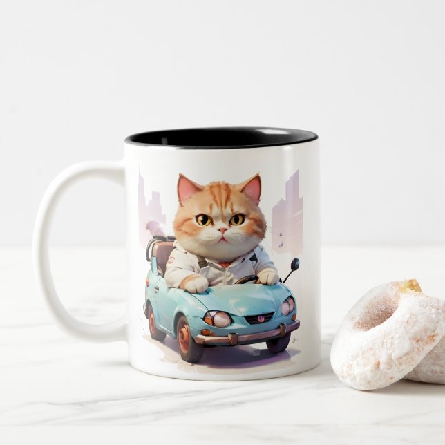 Fat cat Driving a car with a coffee cup (With Donut)