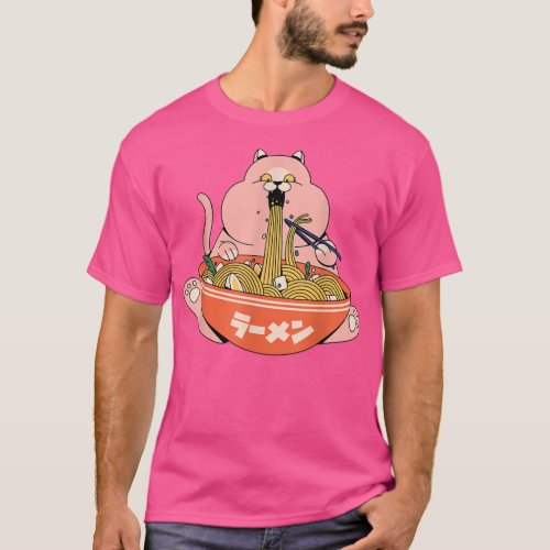 Fat Cat Eating Ramen Noodles Kawaii Funny  T_Shirt