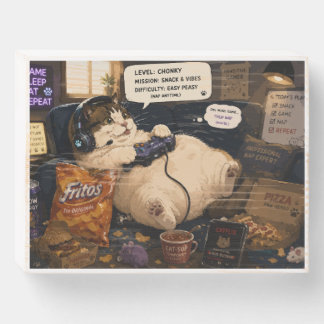 Fat Cat Gamer Relaxing with Snacks Wooden Box Sign