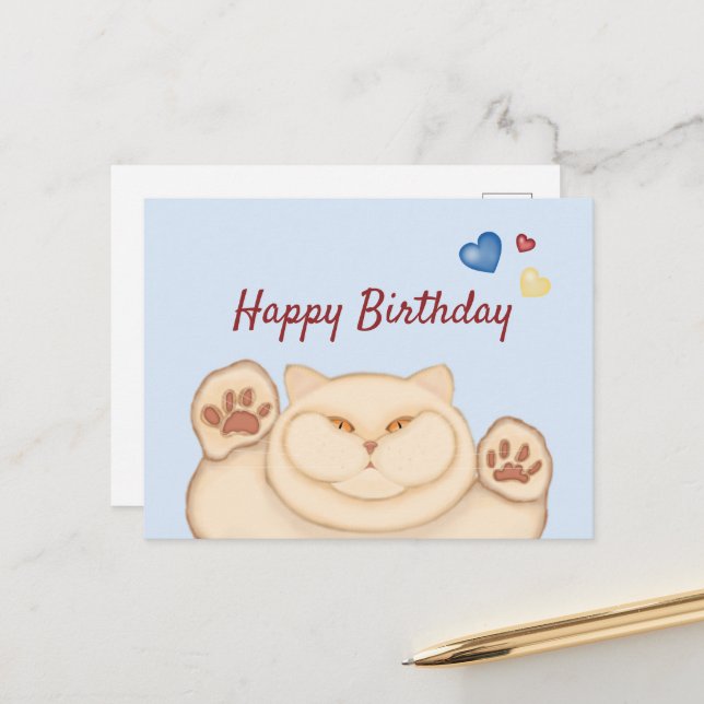 Fat cat Happy Birthday Postcard (Front/Back In Situ)