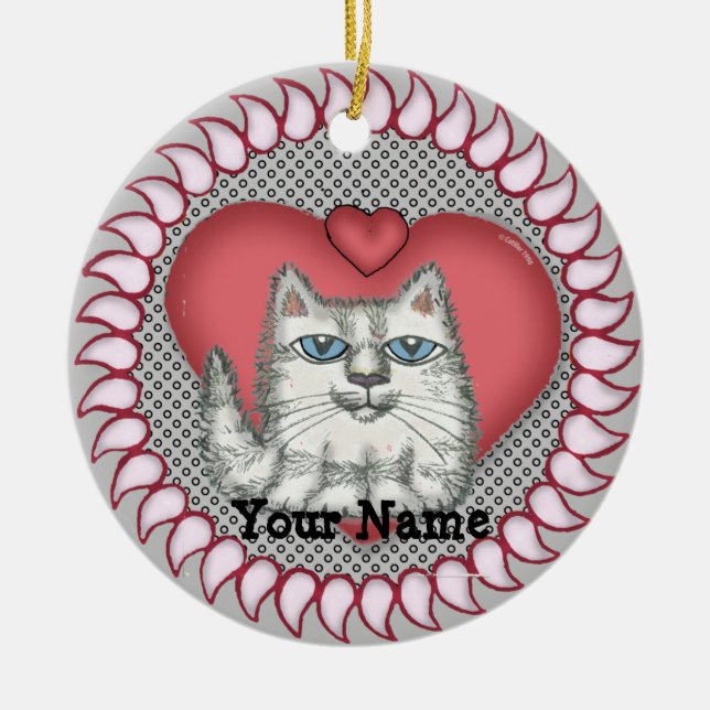Fat Cat Heart   Ceramic Ornament (Front)