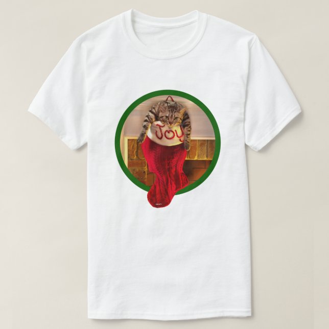 Fat Cat in Christmas Stocking T-Shirt (Design Front)